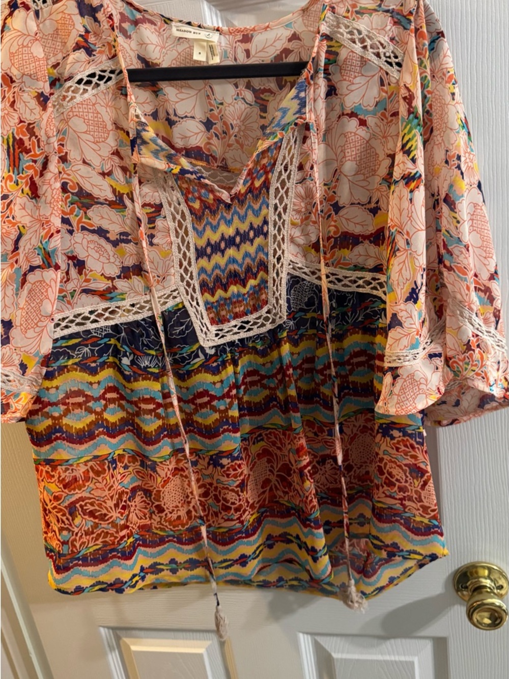 Meadow Rue Peach Floral Mixed-Print Peasant Top